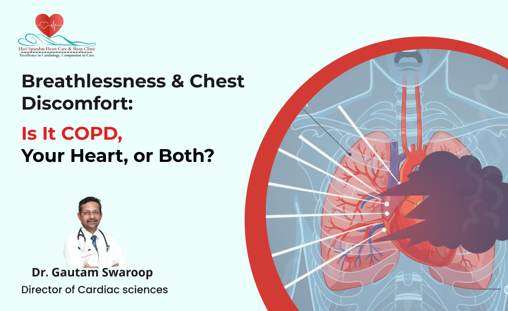 harispandan-heartcare-breathlessness-chest-discomfort-copd-vs-heart-disease (2) Breathlessness and chest discomfort awareness banner asking if the symptoms are due to COPD, heart issues, or both – Hari Spandan Heart Care & Sleep Clinic.
