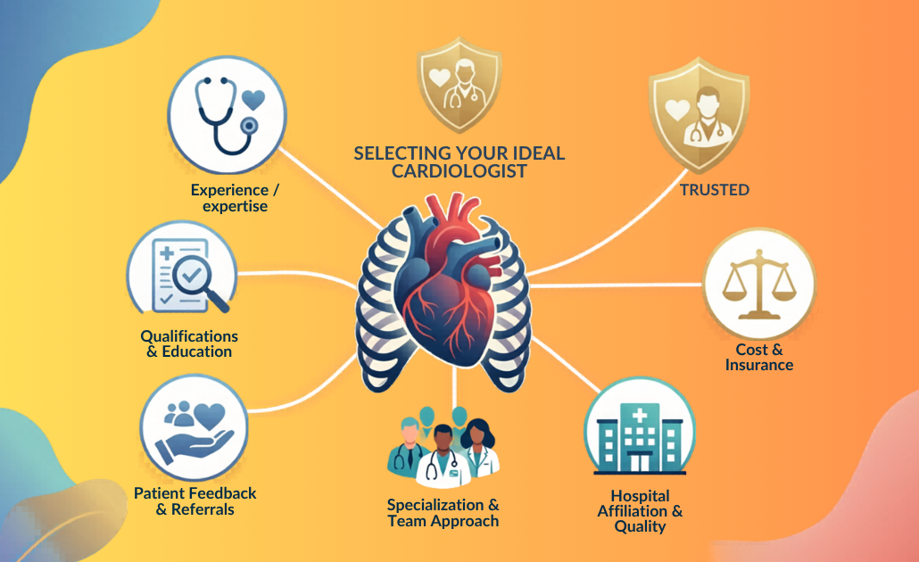 Comprehensive medical infographic breaking down clinical qualifications, advanced facility standards, cardiac red flags, and patient partnership metrics for choosing a top cardiologist.