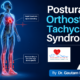 Medical illustration demonstrating Postural Orthostatic Tachycardia, showing rapid heart rate and blood pooling in the lower body upon standing.