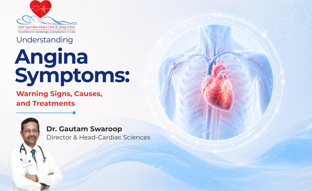 Medical illustration of a human heart with the title 'Understanding Angina Symptoms: Warning Signs, Causes, and Treatments' in a modern healthcare setting, highlighting heart health awareness and cardiovascular disease education.