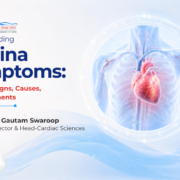 Medical illustration of a human heart with the title 'Understanding Angina Symptoms: Warning Signs, Causes, and Treatments' in a modern healthcare setting, highlighting heart health awareness and cardiovascular disease education.