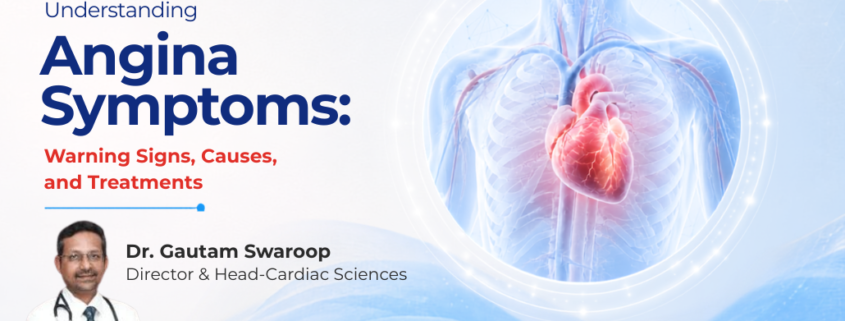 Medical illustration of a human heart with the title 'Understanding Angina Symptoms: Warning Signs, Causes, and Treatments' in a modern healthcare setting, highlighting heart health awareness and cardiovascular disease education.