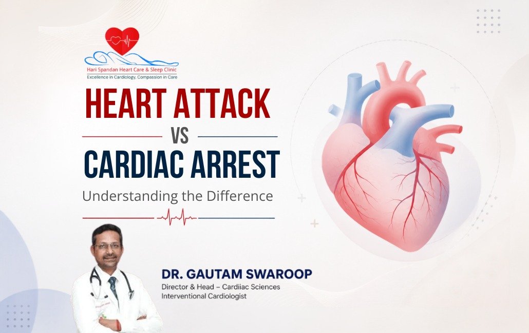 Heart Attack vs Cardiac Arrest: Understanding the Difference — A clean medical banner with a soft cream background featuring the title on the left in bold red and navy typography. On the right is a simple, semi-abstract anatomical heart illustration in red and blue tones with subtle blood vessels. Minimal medical accents, including a small ECG line and soft geometric shapes, create a modern, professional healthcare design suitable for a blog header.