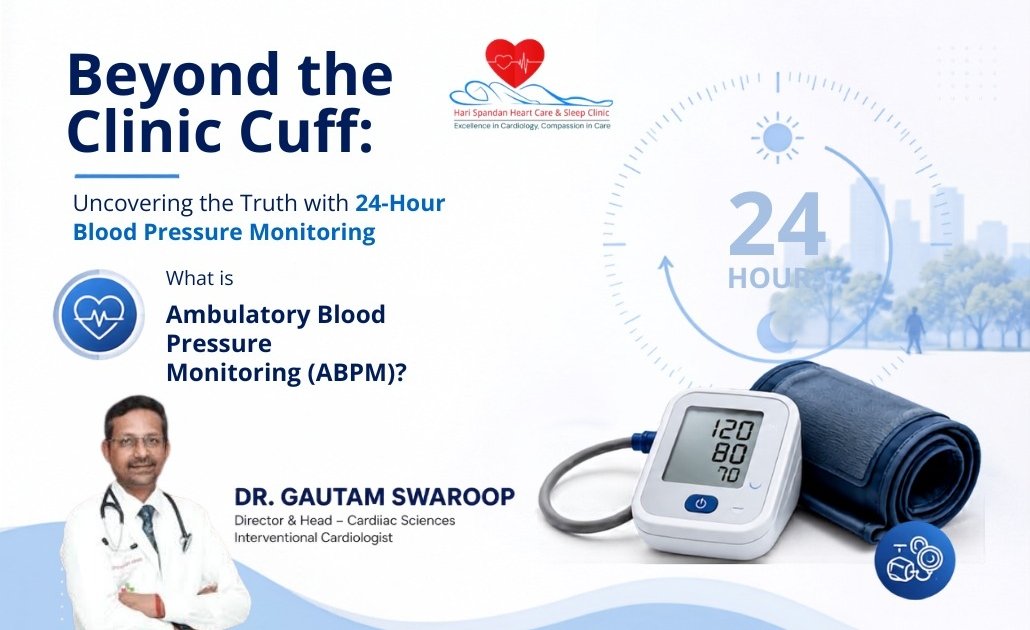 Professional minimal healthcare banner illustrating 24-hour Ambulatory Blood Pressure Monitoring (ABPM). A digital blood pressure monitor with cuff is placed beside a subtle 24-hour clock graphic, representing continuous blood pressure tracking throughout the day and night. The design features a clean white and blue medical theme with abstract healthcare elements, promoting awareness of ABPM in a modern clinical setting.