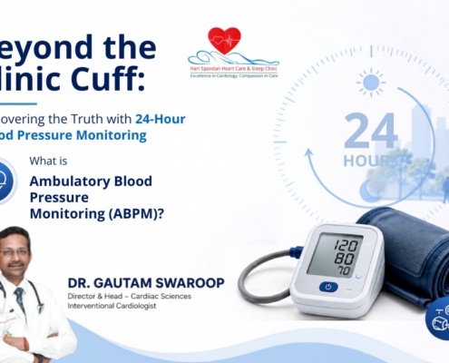 Professional minimal healthcare banner illustrating 24-hour Ambulatory Blood Pressure Monitoring (ABPM). A digital blood pressure monitor with cuff is placed beside a subtle 24-hour clock graphic, representing continuous blood pressure tracking throughout the day and night. The design features a clean white and blue medical theme with abstract healthcare elements, promoting awareness of ABPM in a modern clinical setting.