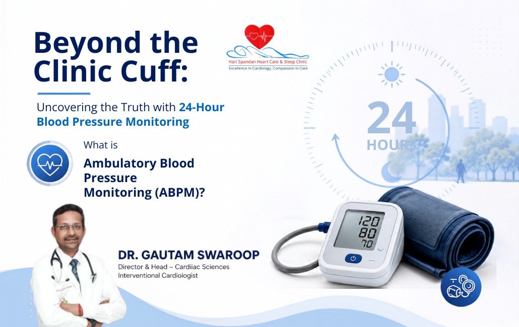Professional minimal healthcare banner illustrating 24-hour Ambulatory Blood Pressure Monitoring (ABPM). A digital blood pressure monitor with cuff is placed beside a subtle 24-hour clock graphic, representing continuous blood pressure tracking throughout the day and night. The design features a clean white and blue medical theme with abstract healthcare elements, promoting awareness of ABPM in a modern clinical setting.