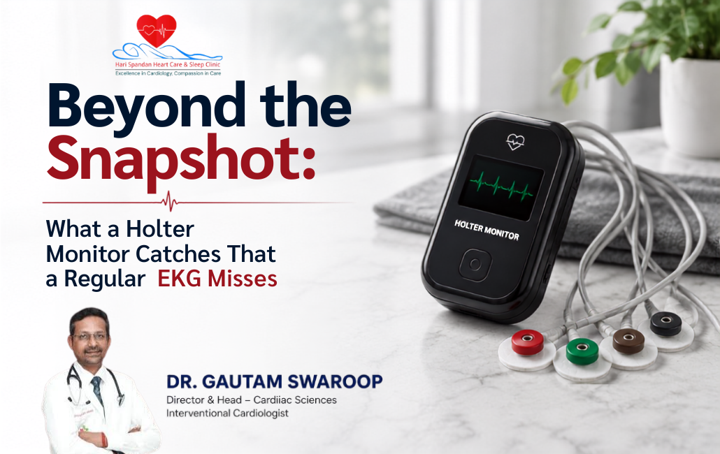 Professional Banner for Hari Spandan Heart Care & Sleep Clinic featuring Dr. Gautam Swaroop, Interventional Cardiologist, with a Holter monitor device and the headline 'Beyond the Snapshot: What a Holter Monitor Catches That a Regular EKG Misses.' The image highlights continuous heart rhythm monitoring to detect irregular heart conditions that may not appear on a standard ECG.