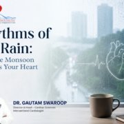 A Educational banner for Hari Spandan Heart Care & Sleep Clinic titled "Rhythms of the Rain: How the Monsoon Impacts Your Heart," featuring a portrait of Interventional Cardiologist Dr. Gautam Swaroop.