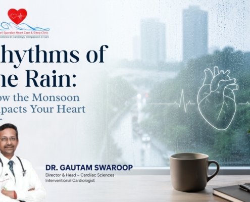 A Educational banner for Hari Spandan Heart Care & Sleep Clinic titled "Rhythms of the Rain: How the Monsoon Impacts Your Heart," featuring a portrait of Interventional Cardiologist Dr. Gautam Swaroop.
