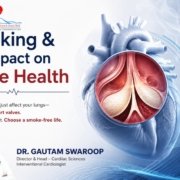 An educational medical poster from Hari Spandan Heart Care & Sleep Clinic titled "Smoking & Its Impact on Valve Health." Below a decorative heartbeat line, the text reads, "Smoking doesn't just affect your lungs— it harms your heart valves. Protect your heart. Choose a smoke-free life." On the bottom left is a portrait of Dr. Gautam Swaroop, Director & Head of Cardiac Sciences and Interventional Cardiologist. The right side features a large, detailed 3D illustration of a heart, with a circular magnified inset showing a detailed, colorful view of the inner heart valves. The background includes stylized wisps of smoke and a blue silhouette of a human torso highlighting the lungs and heart.