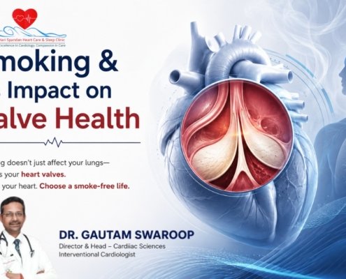 An educational medical poster from Hari Spandan Heart Care & Sleep Clinic titled "Smoking & Its Impact on Valve Health." Below a decorative heartbeat line, the text reads, "Smoking doesn't just affect your lungs— it harms your heart valves. Protect your heart. Choose a smoke-free life." On the bottom left is a portrait of Dr. Gautam Swaroop, Director & Head of Cardiac Sciences and Interventional Cardiologist. The right side features a large, detailed 3D illustration of a heart, with a circular magnified inset showing a detailed, colorful view of the inner heart valves. The background includes stylized wisps of smoke and a blue silhouette of a human torso highlighting the lungs and heart.