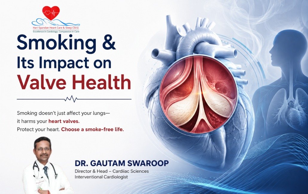 An educational medical poster from Hari Spandan Heart Care & Sleep Clinic titled "Smoking & Its Impact on Valve Health." Below a decorative heartbeat line, the text reads, "Smoking doesn't just affect your lungs— it harms your heart valves. Protect your heart. Choose a smoke-free life." On the bottom left is a portrait of Dr. Gautam Swaroop, Director & Head of Cardiac Sciences and Interventional Cardiologist. The right side features a large, detailed 3D illustration of a heart, with a circular magnified inset showing a detailed, colorful view of the inner heart valves. The background includes stylized wisps of smoke and a blue silhouette of a human torso highlighting the lungs and heart.