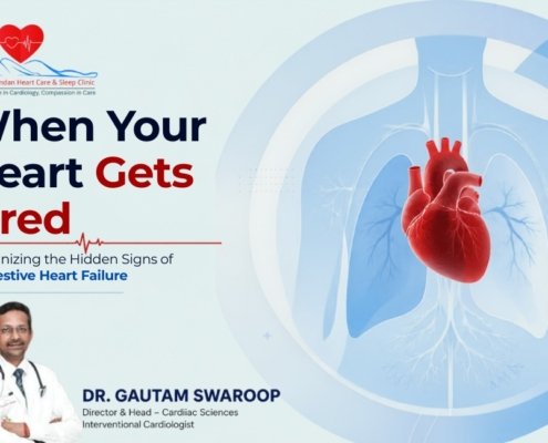 Medical graphic titled “When Your Heart Gets Tired,” highlighting the hidden signs of congestive heart failure. It features an illustration of a human heart and lungs, with Dr. Gautam Swaroop pictured at the bottom alongside his designation as Director & Head – Cardiac Sciences and Interventional Cardiologist at Hari Spandan Heart Care & Sleep Clinic.
