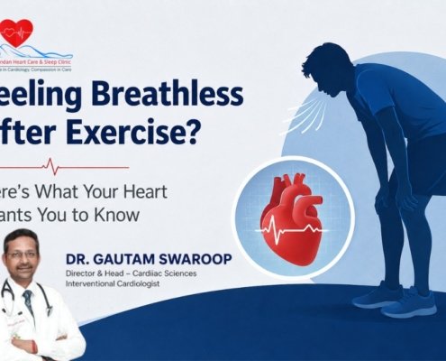 An informational graphic from Hari Spandan Heart Care & Sleep Clinic titled 'Feeling Breathless After Exercise? Here's What Your Heart Wants You to Know.' The right side features a blue illustration of an exhausted man in athletic wear bent over with his hands on his knees, visibly panting. Beside him is a circular icon depicting a red human heart with a white electrocardiogram (ECG) heartbeat line across it. In the bottom left is a photograph of Dr. Gautam Swaroop, Director & Head of Cardiac Sciences and Interventional Cardiologist, who is wearing a white doctor's coat and a stethoscope with his arms crossed.