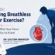 An informational graphic from Hari Spandan Heart Care & Sleep Clinic titled 'Feeling Breathless After Exercise? Here's What Your Heart Wants You to Know.' The right side features a blue illustration of an exhausted man in athletic wear bent over with his hands on his knees, visibly panting. Beside him is a circular icon depicting a red human heart with a white electrocardiogram (ECG) heartbeat line across it. In the bottom left is a photograph of Dr. Gautam Swaroop, Director & Head of Cardiac Sciences and Interventional Cardiologist, who is wearing a white doctor's coat and a stethoscope with his arms crossed.