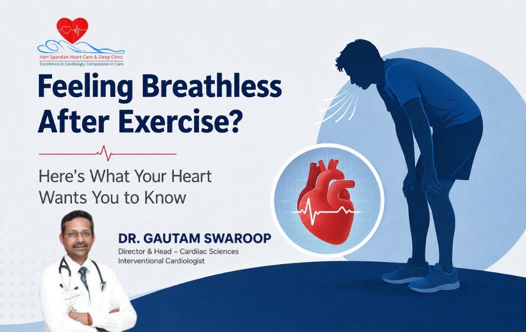 An informational graphic from Hari Spandan Heart Care & Sleep Clinic titled 'Feeling Breathless After Exercise? Here's What Your Heart Wants You to Know.' The right side features a blue illustration of an exhausted man in athletic wear bent over with his hands on his knees, visibly panting. Beside him is a circular icon depicting a red human heart with a white electrocardiogram (ECG) heartbeat line across it. In the bottom left is a photograph of Dr. Gautam Swaroop, Director & Head of Cardiac Sciences and Interventional Cardiologist, who is wearing a white doctor's coat and a stethoscope with his arms crossed.